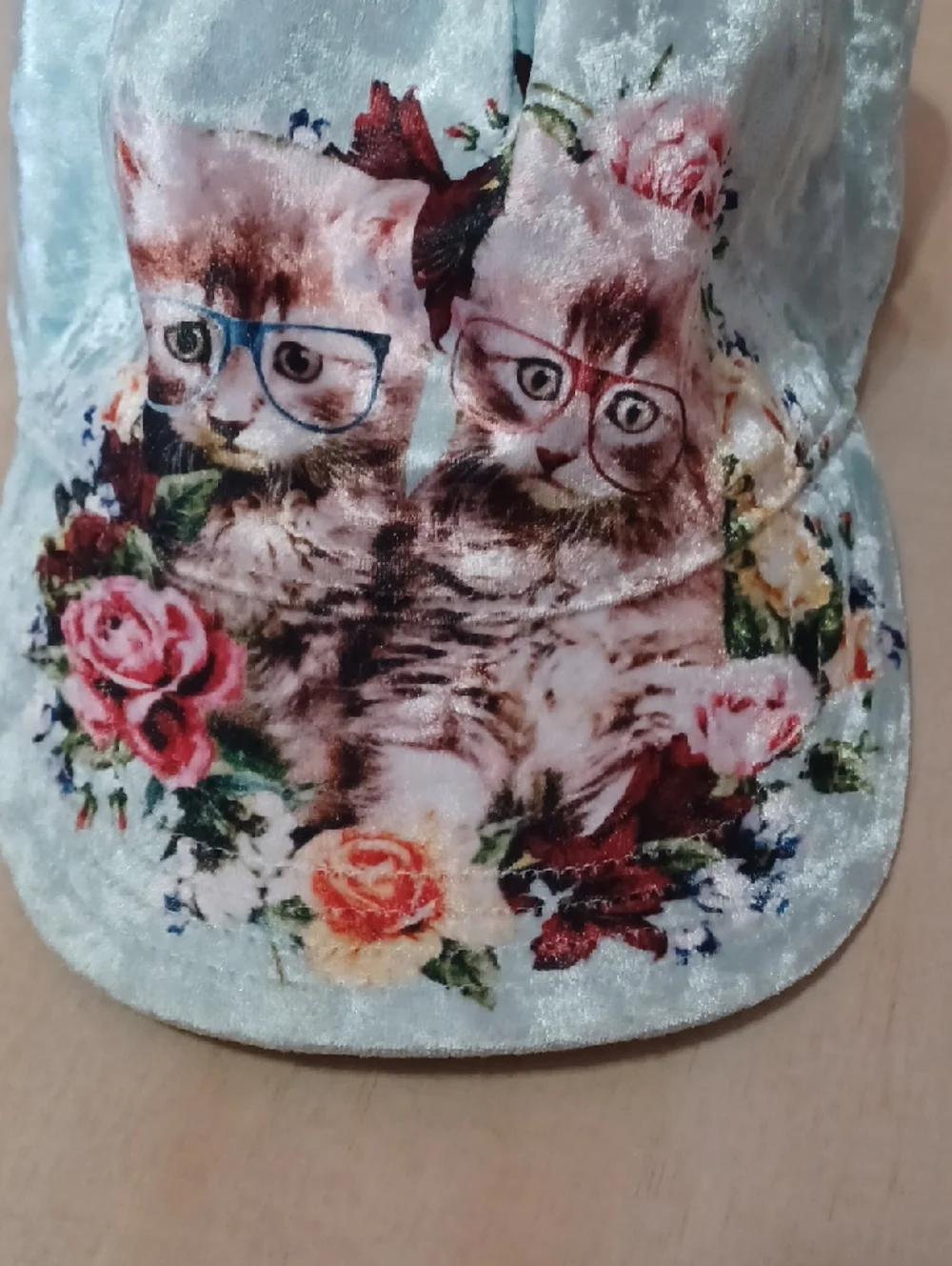 Justice Girls Crushed Velvet Hipster Kitten Baseball Cap Mint Green Cats Roses